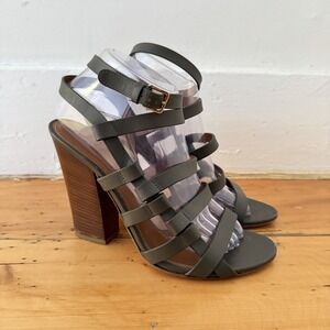 Sergio Rossi Gray Green Strappy Cage Sandals Chunky Block Heel Leather 39.5 US 9